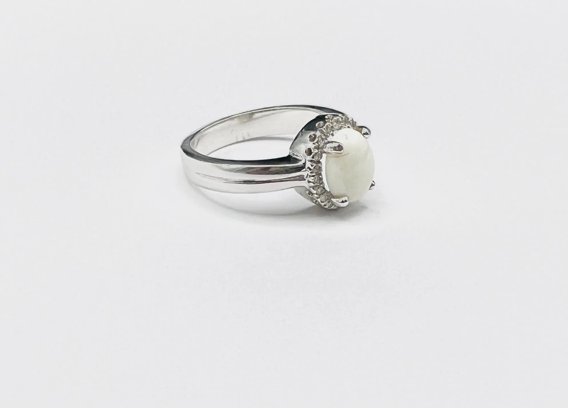 14K White Gold Opal & Diamond Halo Ring
