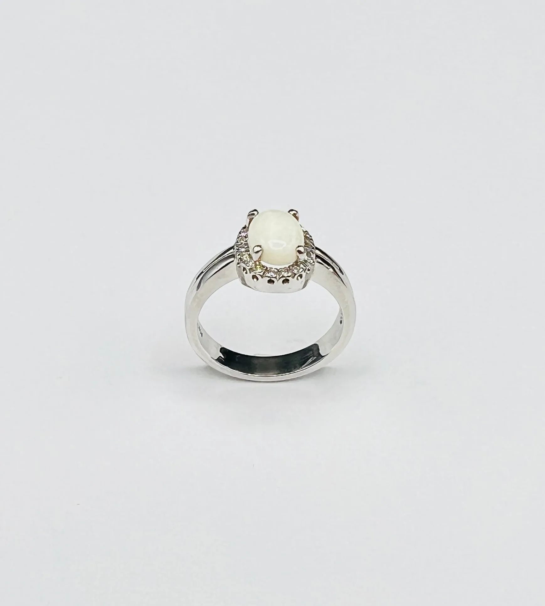 14K White Gold Opal & Diamond Halo Ring