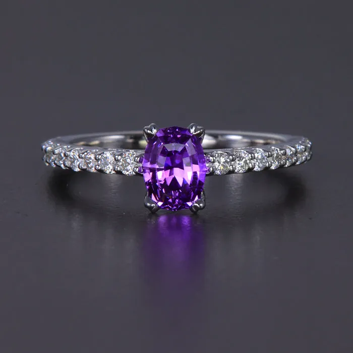 14K White Gold Oval Purple Sapphire and Diamond Ring 1.31 Carats