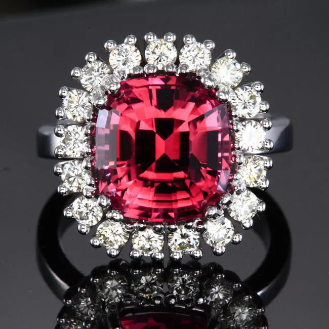 14K White Gold Pink Square Cushion Tourmaline with Fine Diamonds Ring