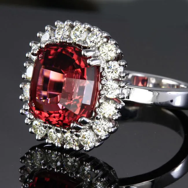 14K White Gold Pink Square Cushion Tourmaline with Fine Diamonds Ring