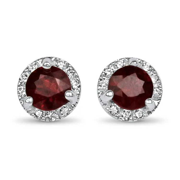 14k White Gold Ruby & Diamond Halo Stud Earrings