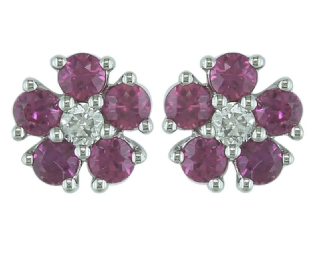 14K White Gold Ruby and Diamond Flower Earring
