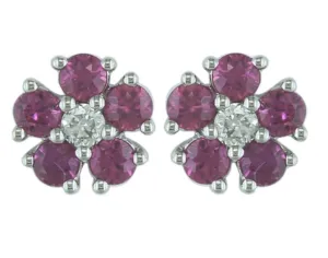 14K White Gold Ruby and Diamond Flower Earring