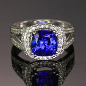 14k White Gold Square Cushion Tanzanite and Diamond  Ring 3.05 Carats