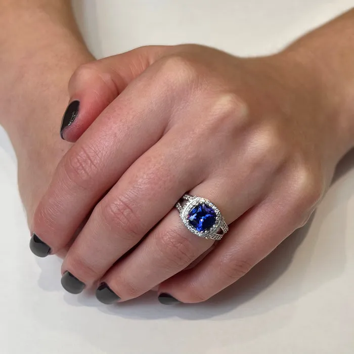 14k White Gold Square Cushion Tanzanite and Diamond  Ring 3.05 Carats