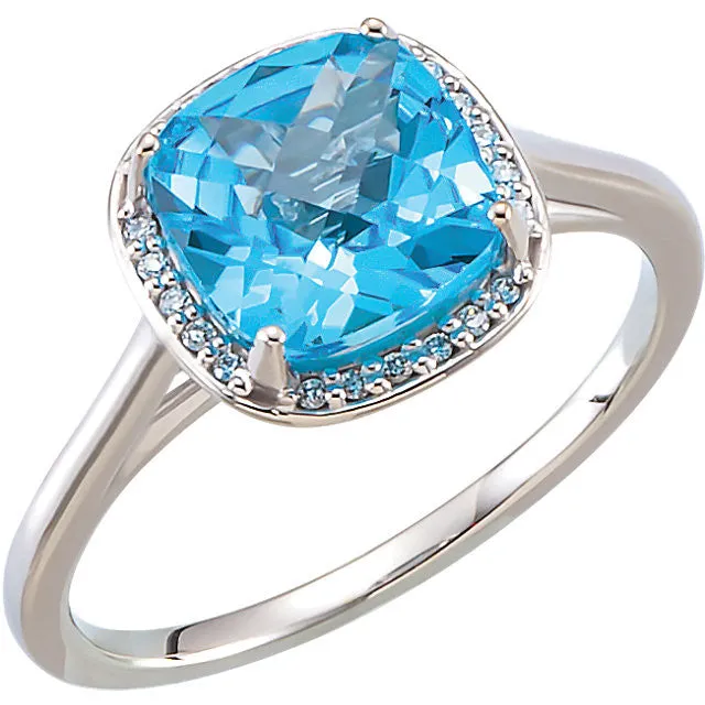 14k White Gold Swiss Blue Topaz & .055 CTW Diamond Halo-Style Ring, Size 7