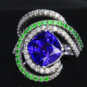 14K White Gold Tanzanite Ring with Diamond and Tsavorite Garnets 5.92 Carats