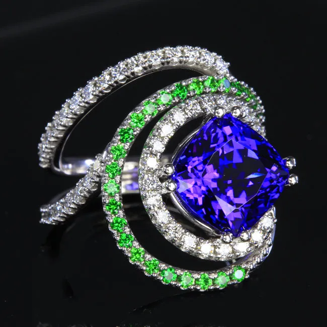 14K White Gold Tanzanite Ring with Diamond and Tsavorite Garnets 5.92 Carats