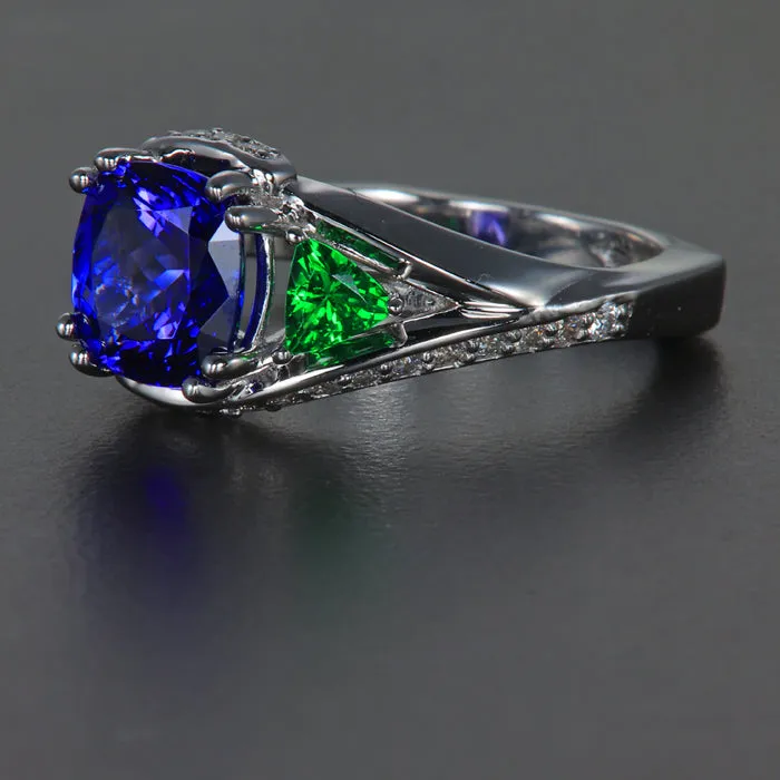 14K White Gold Tanzanite, Tsavorite and Diamond Ring 2.32 Carats