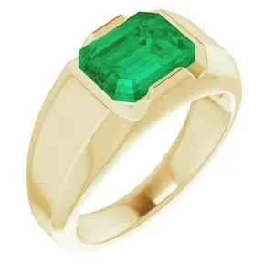 14K Yellow Chatham® Created Emerald Men's Solitaire Ring