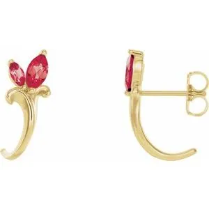 14K Yellow Chatham® Created Ruby Floral-Inspired J-Hoop Earrings