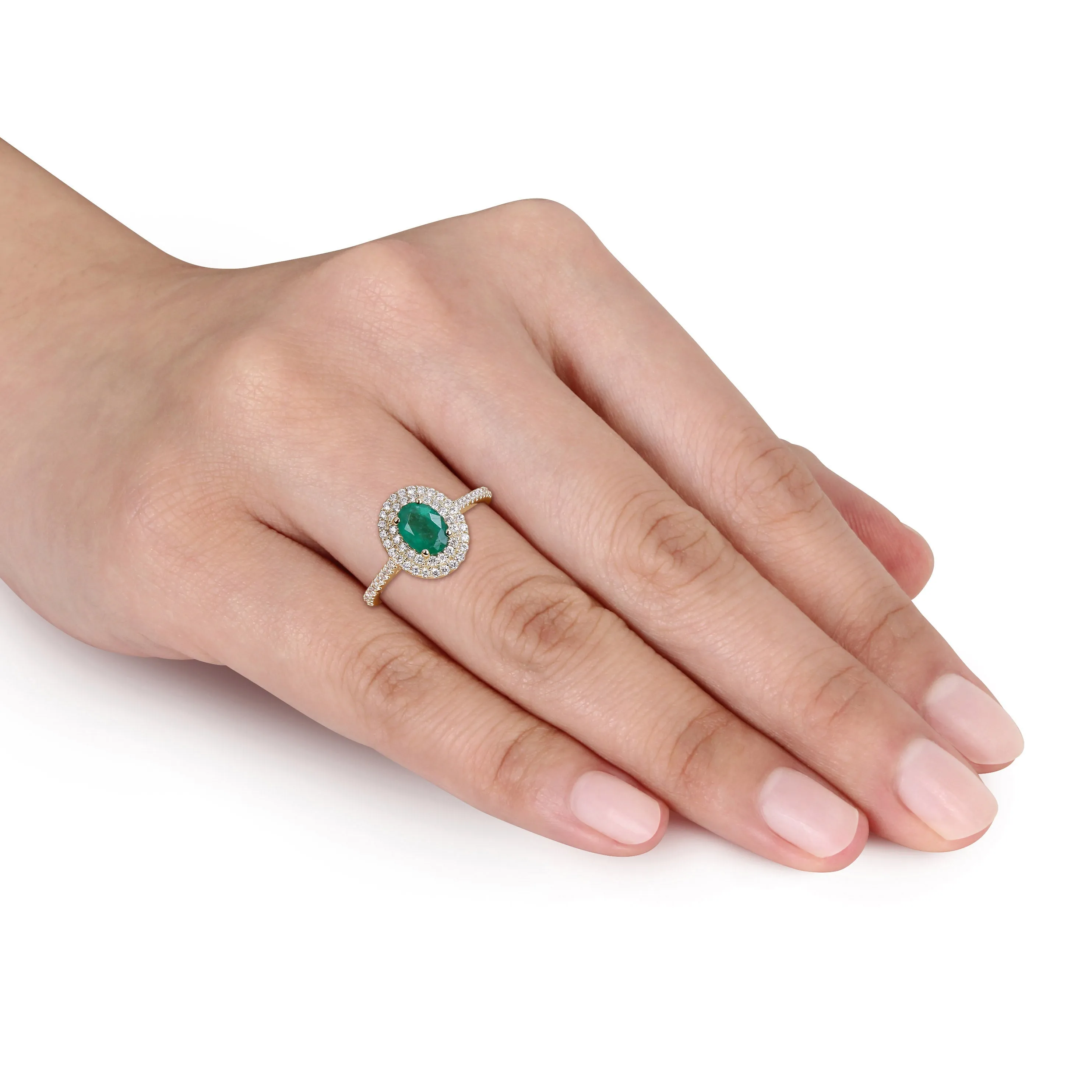 14K Yellow Gold Emerald Oval Cut Diamond Engagement Ring with Double Halo