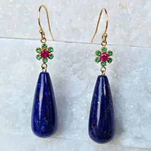 14K Yellow Gold Lapis Earrings with Emeralds & Rubies