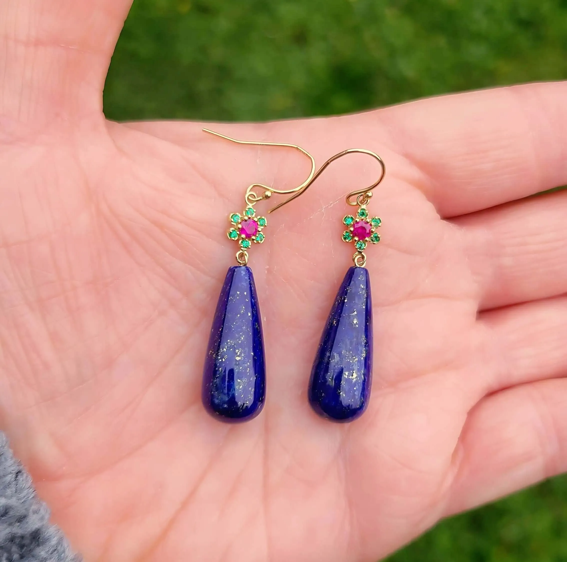 14K Yellow Gold Lapis Earrings with Emeralds & Rubies