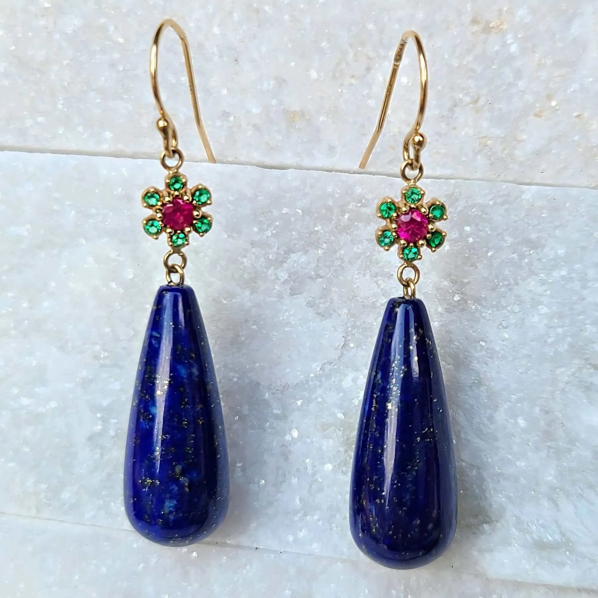 14K Yellow Gold Lapis Earrings with Emeralds & Rubies