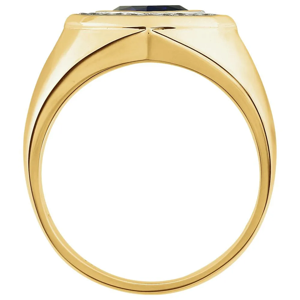 14k Yellow Gold Men's Created Blue Sapphire & .025 CTW Diamond Ring, Size 10