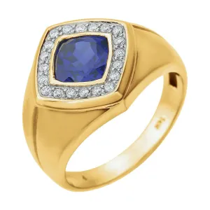 14k Yellow Gold Men's Created Blue Sapphire & .025 CTW Diamond Ring, Size 10