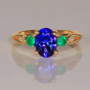 14K Yellow Gold Oval Tanzanite and Emerald Ring 1.55 Carats