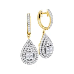 14K Yellow Gold Princess Round Diamond Teardrop Frame Cluster Earrings 1.00 Cttw