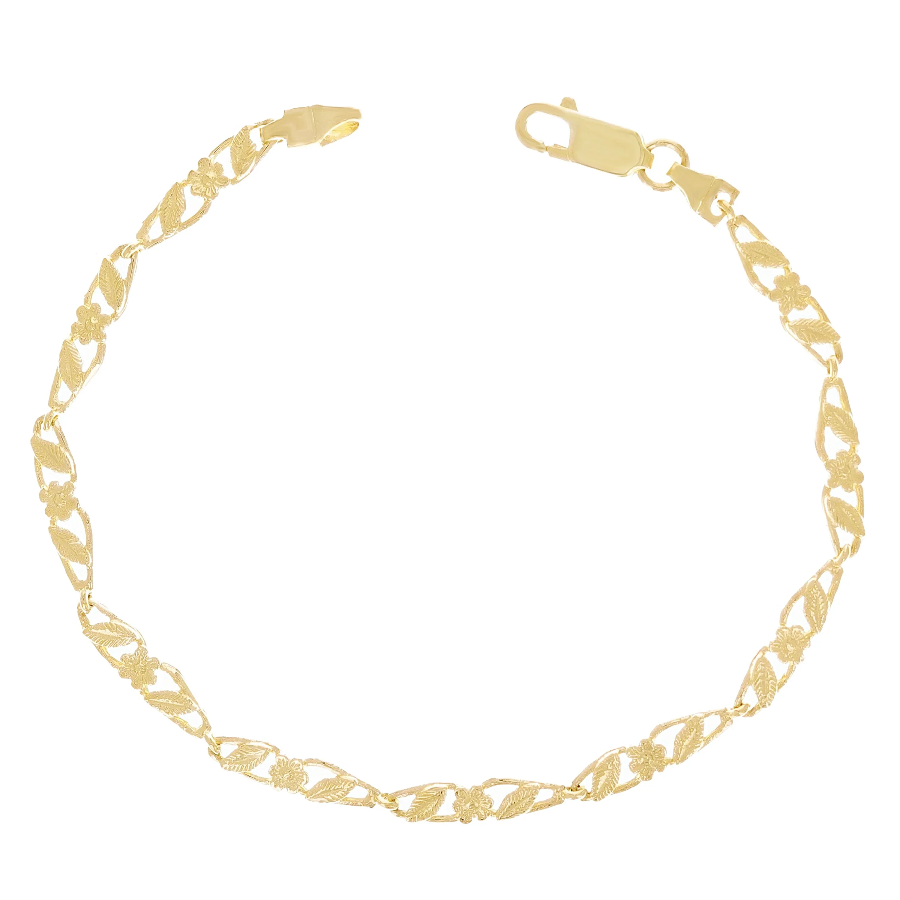 14k Yellow Gold Solid Flower & Leaves Link Bracelet 7"-11"