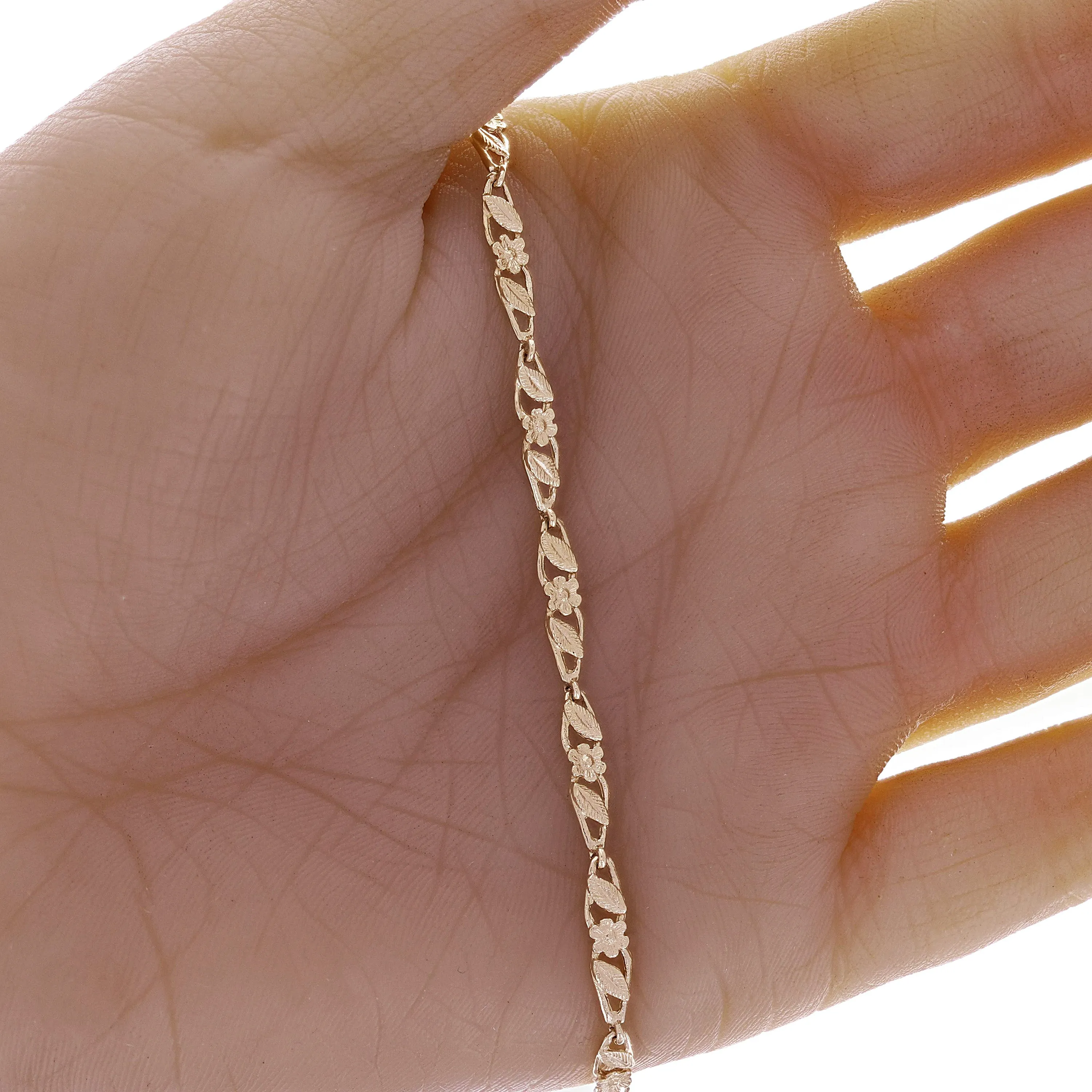 14k Yellow Gold Solid Flower & Leaves Link Bracelet 7"-11"