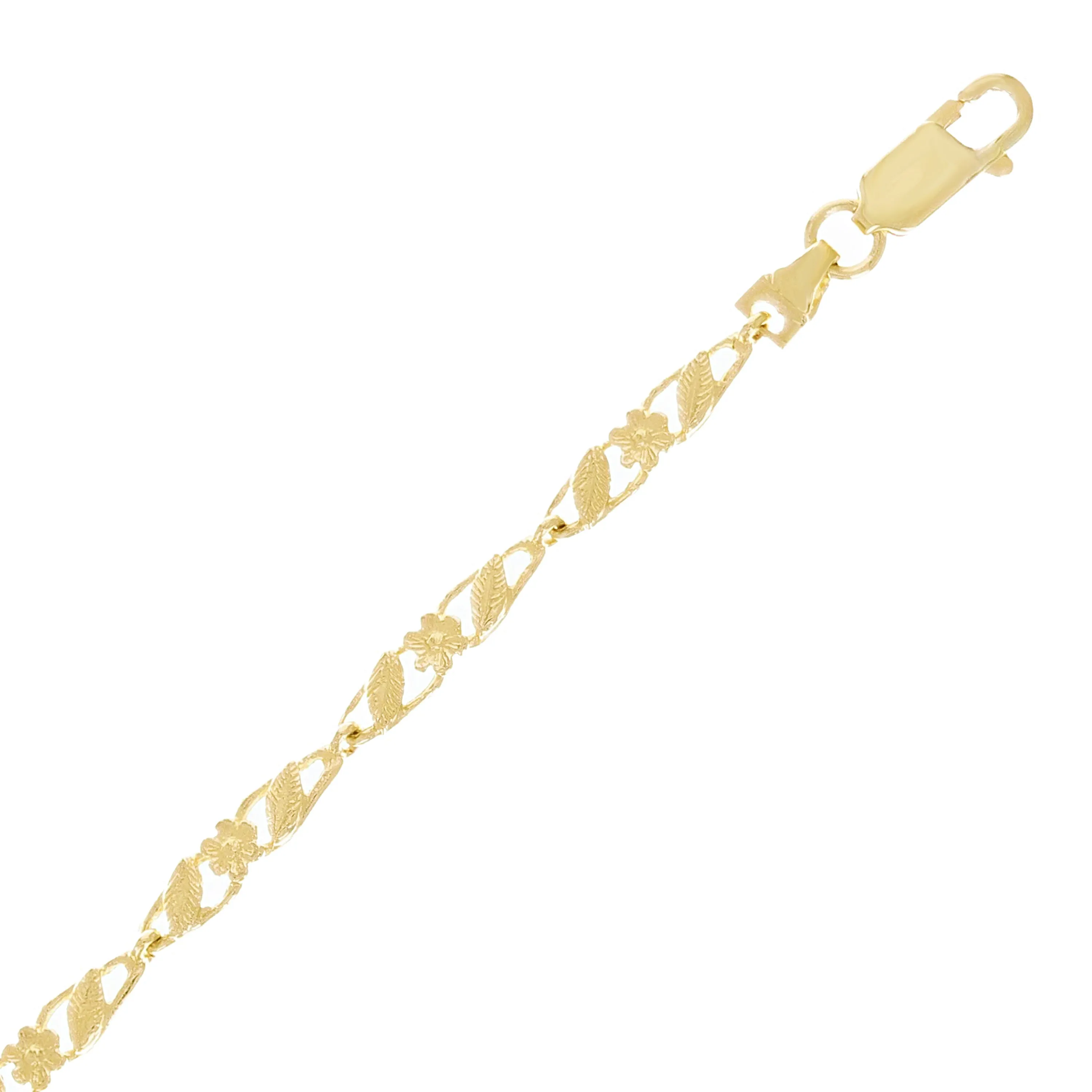 14k Yellow Gold Solid Flower & Leaves Link Bracelet 7"-11"