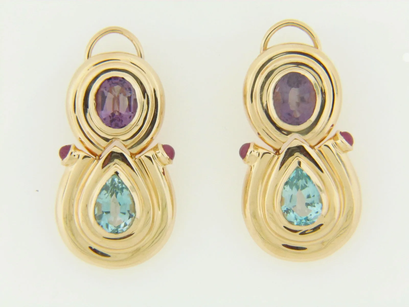 14K-YG BLUE TOPAZ, AMETHYST, AND RUBY EARRINGS