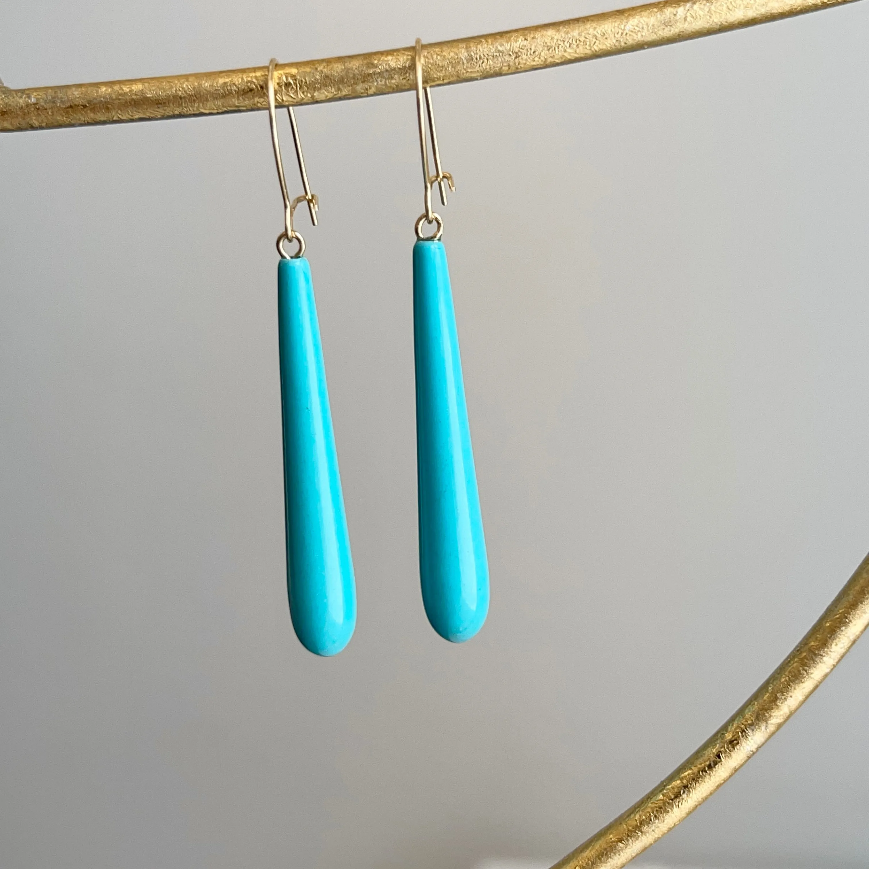 14KT Yellow Gold Teardrop Genuine Turquoise Dangle Earrings