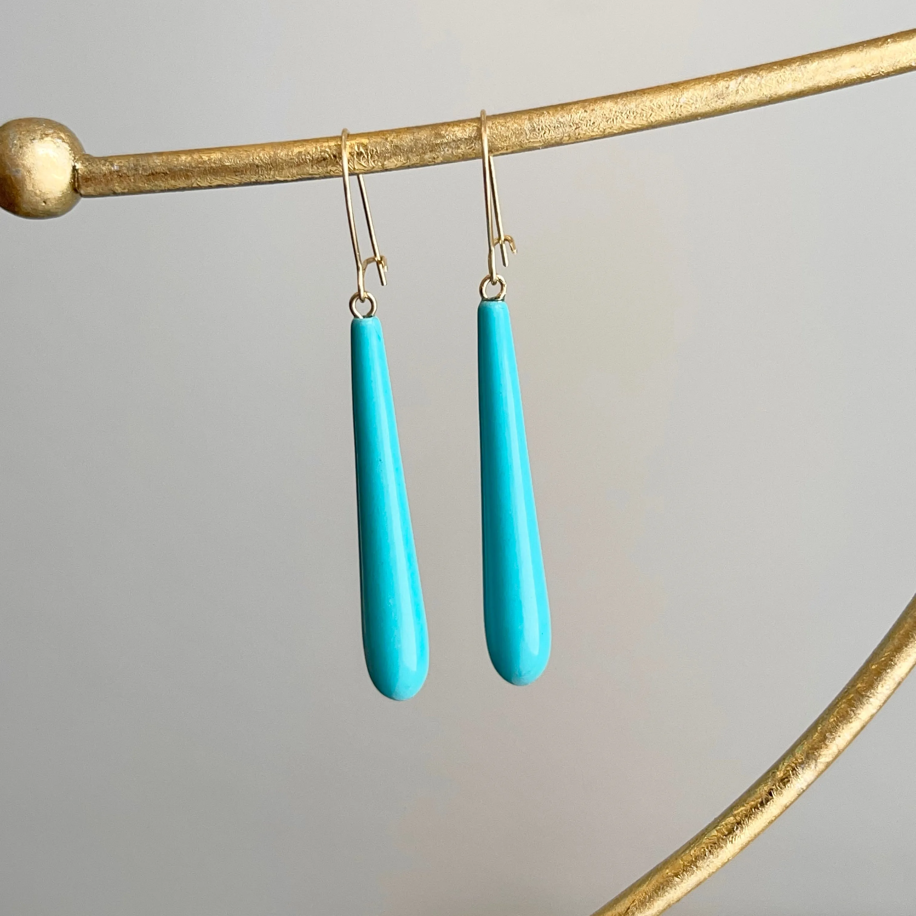 14KT Yellow Gold Teardrop Genuine Turquoise Dangle Earrings