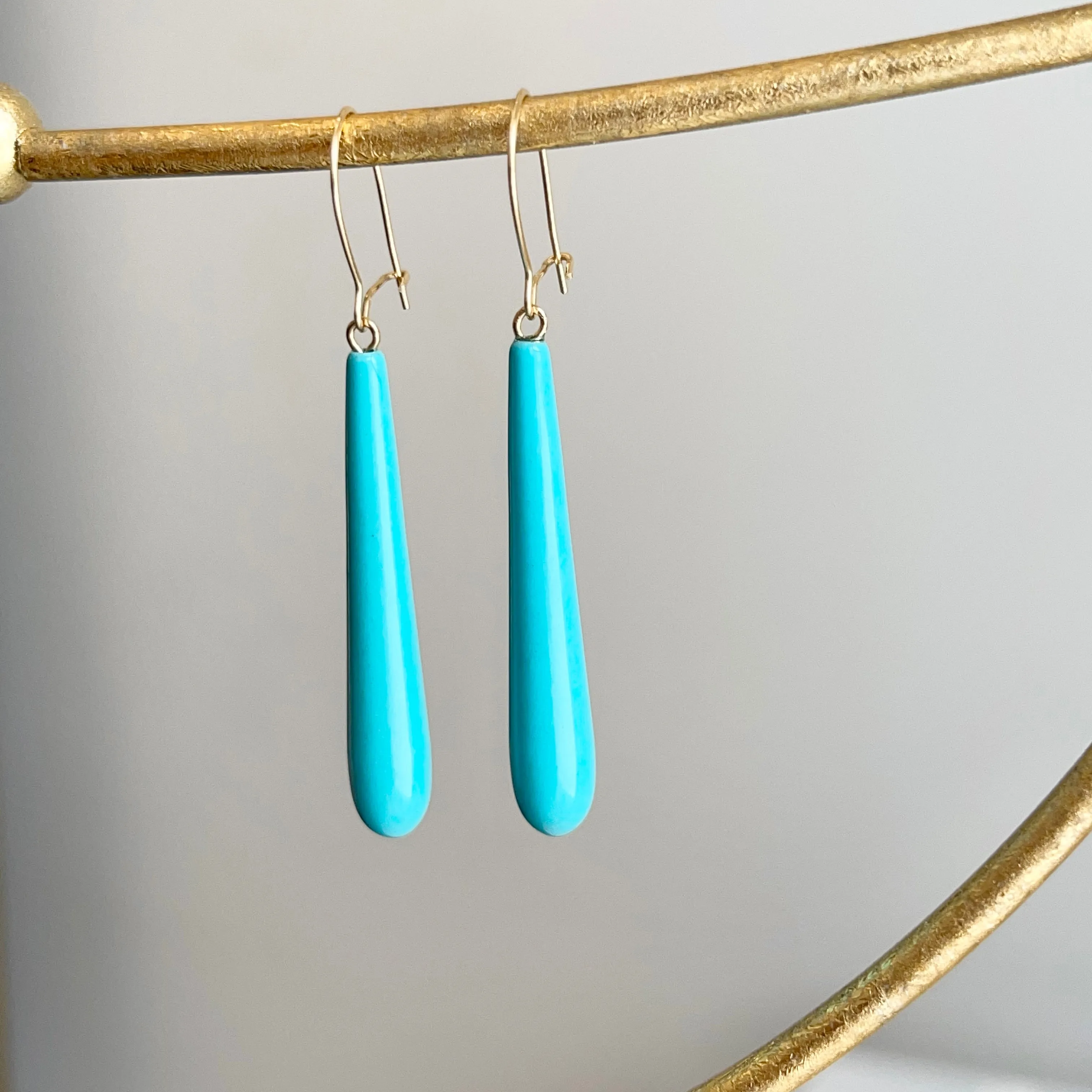 14KT Yellow Gold Teardrop Genuine Turquoise Dangle Earrings