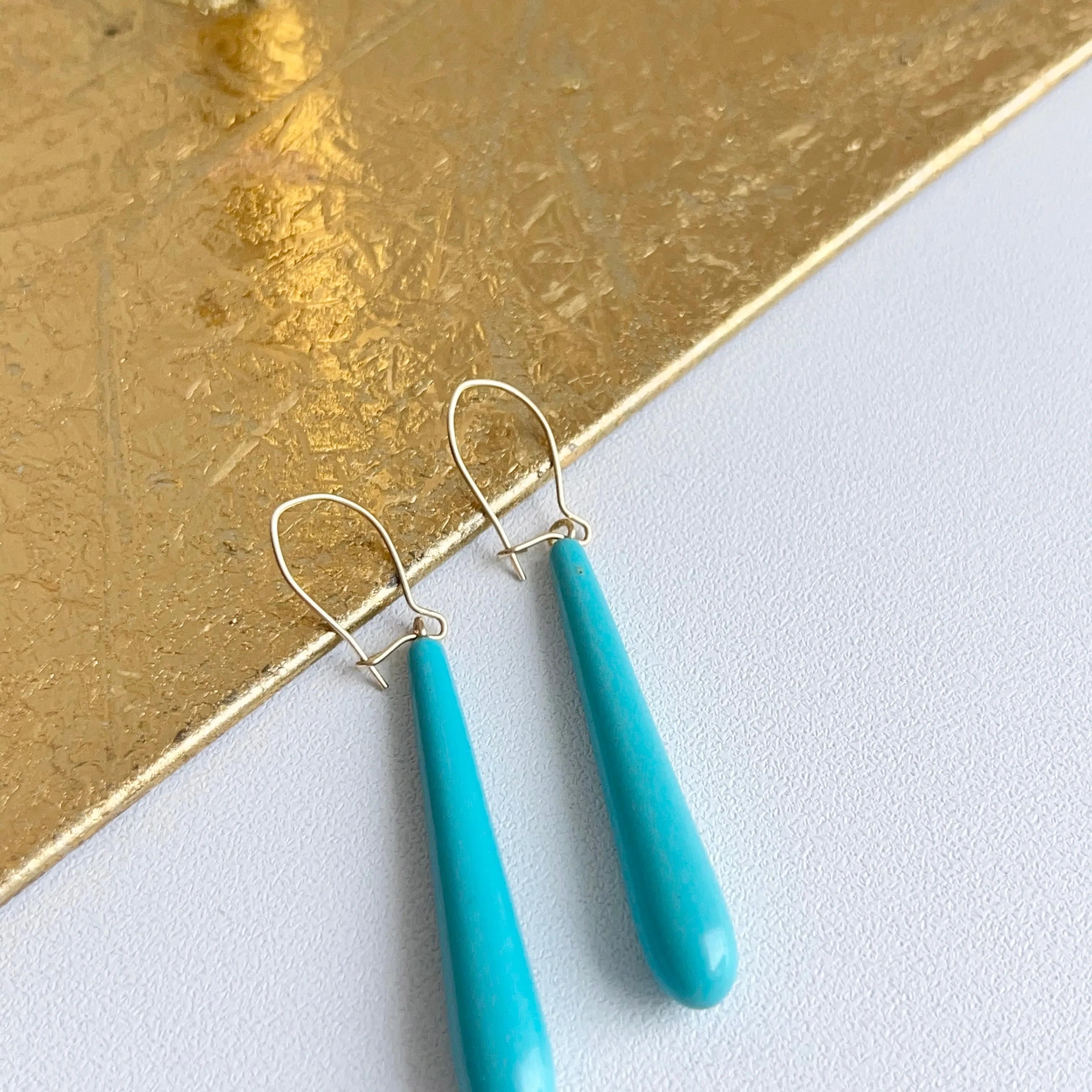 14KT Yellow Gold Teardrop Genuine Turquoise Dangle Earrings