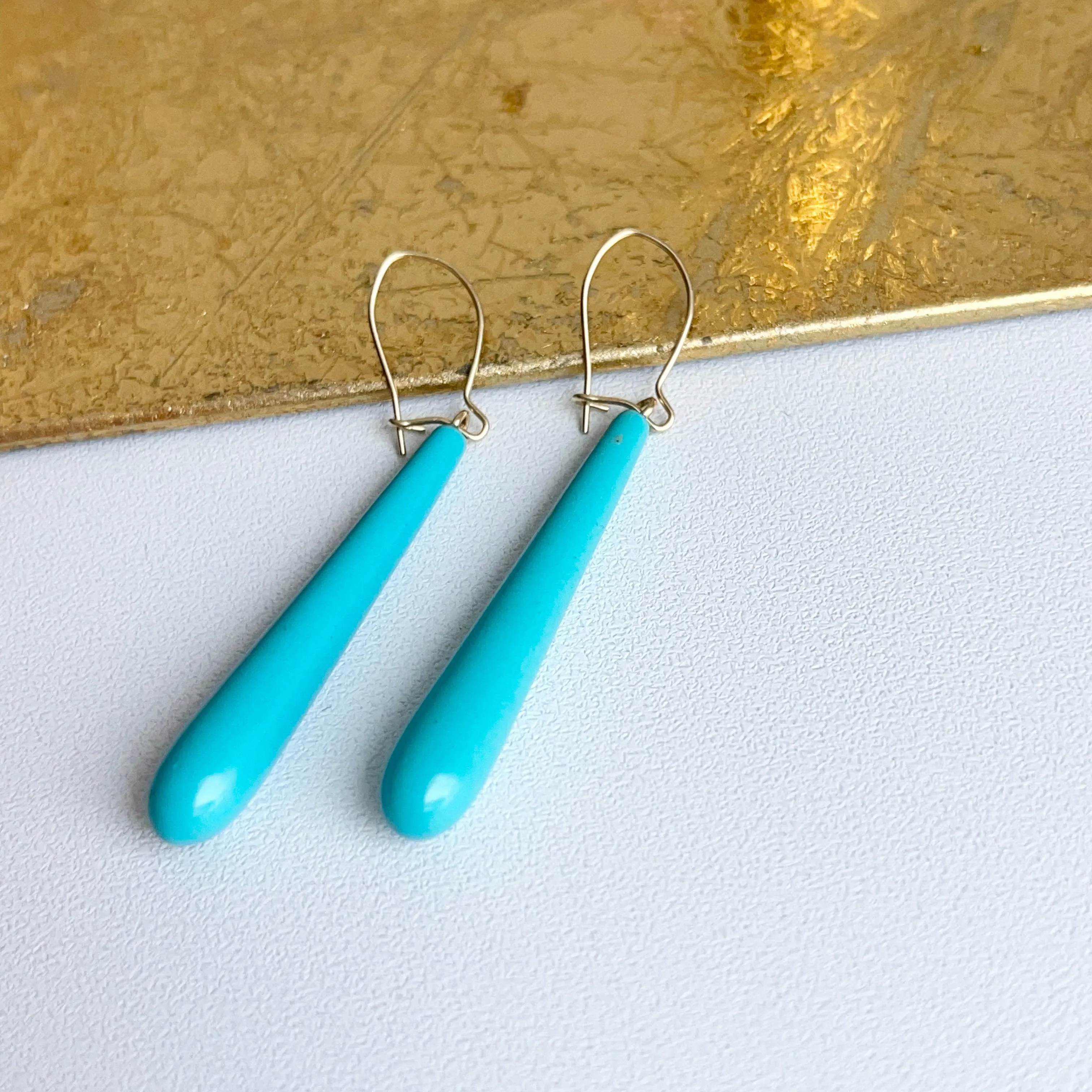 14KT Yellow Gold Teardrop Genuine Turquoise Dangle Earrings