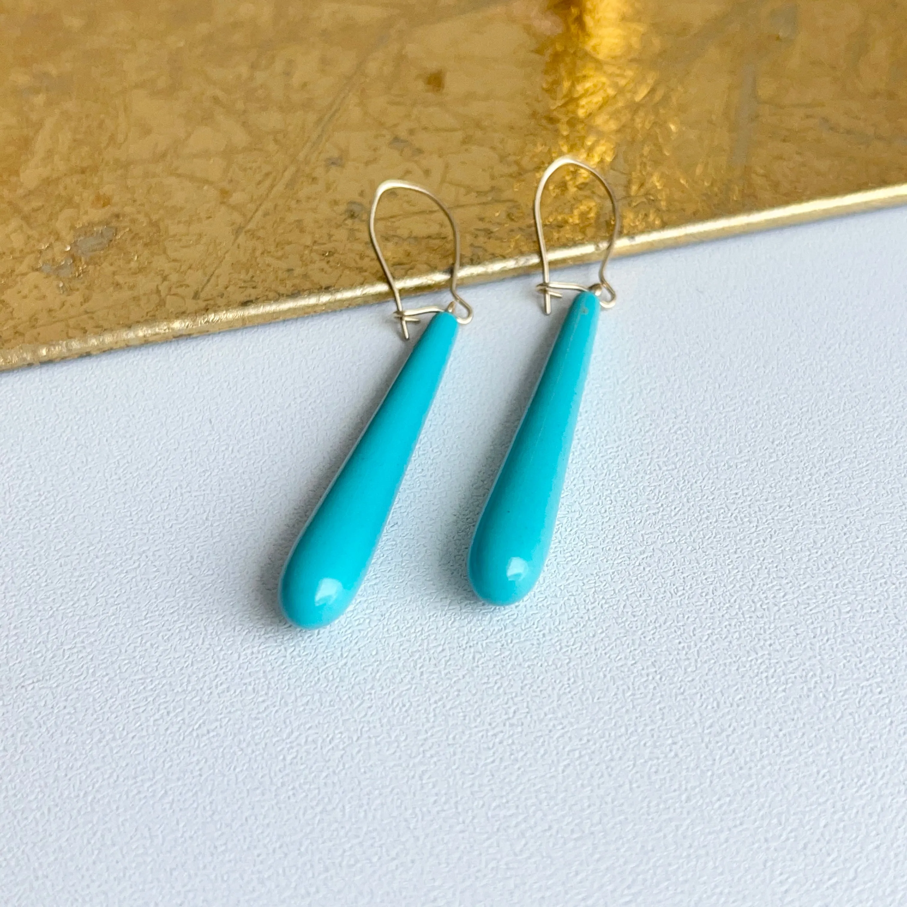 14KT Yellow Gold Teardrop Genuine Turquoise Dangle Earrings