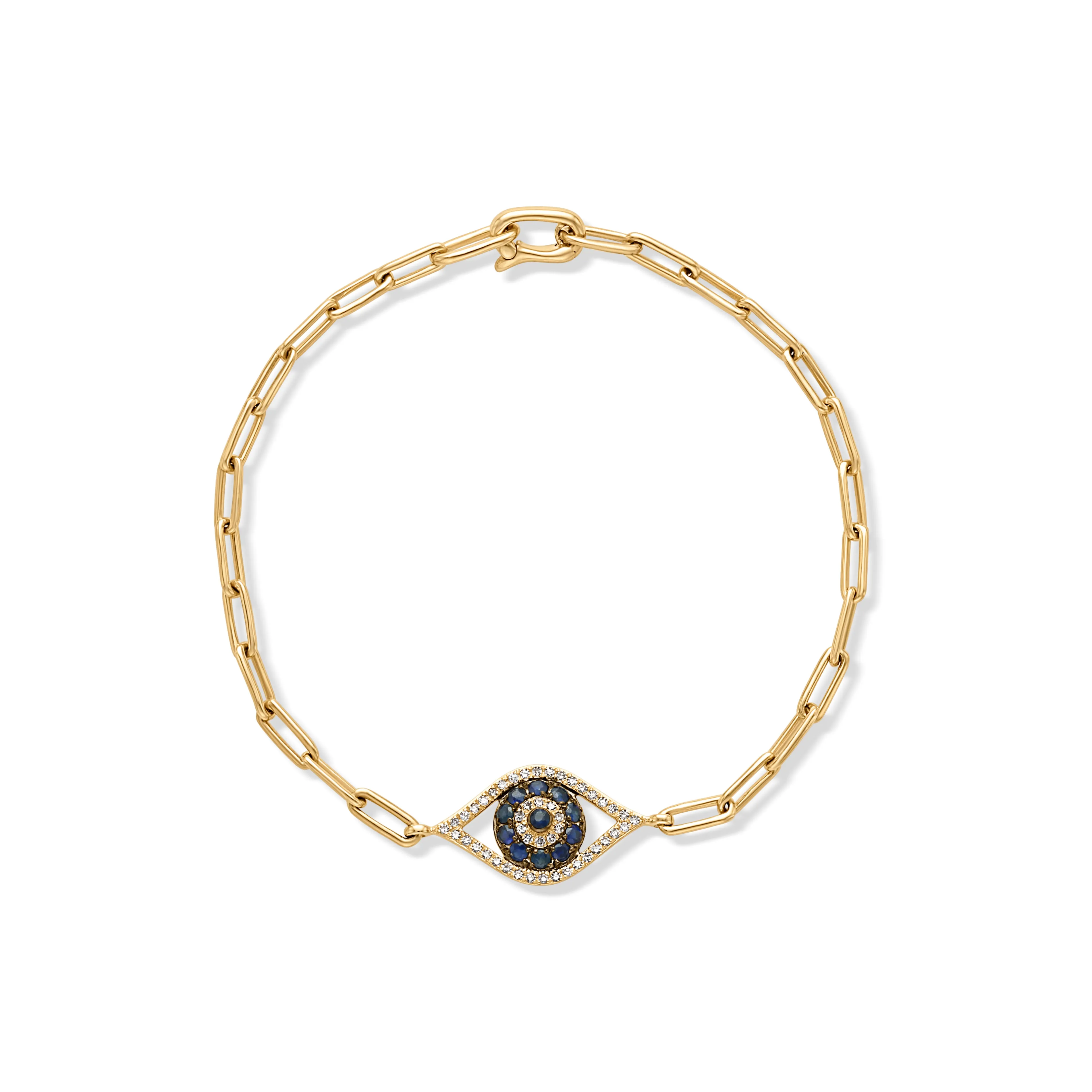 14KY Blue Sapphire Evil Eye Paperclip Bracelet