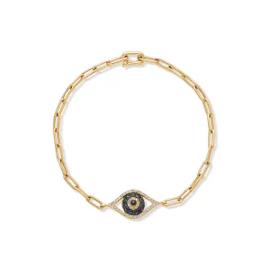 14KY Blue Sapphire Evil Eye Paperclip Bracelet