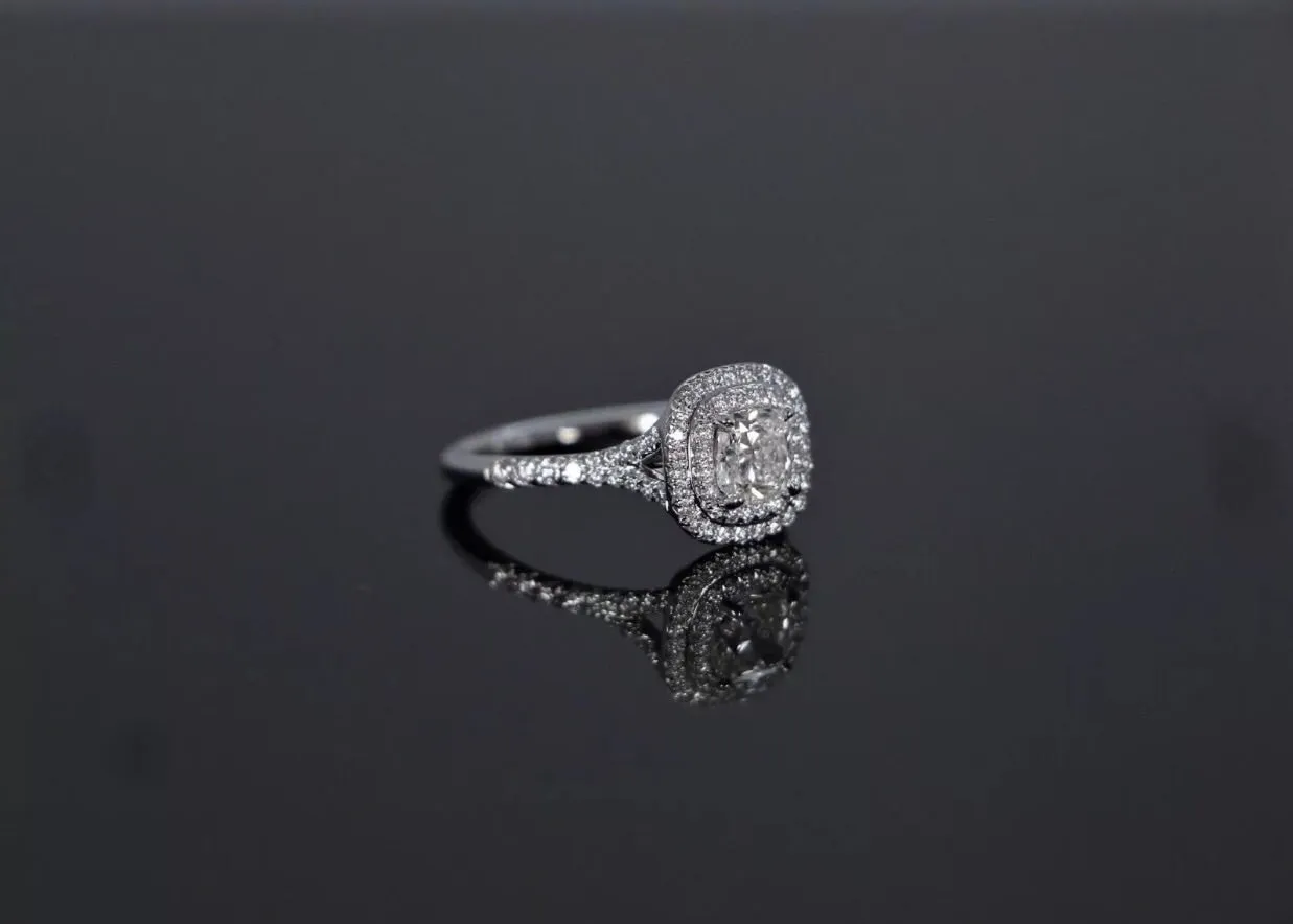 1.57 Ct  Split Shank Cushion Shaped Halo Diamond Engagement Ring VS2 14K WG