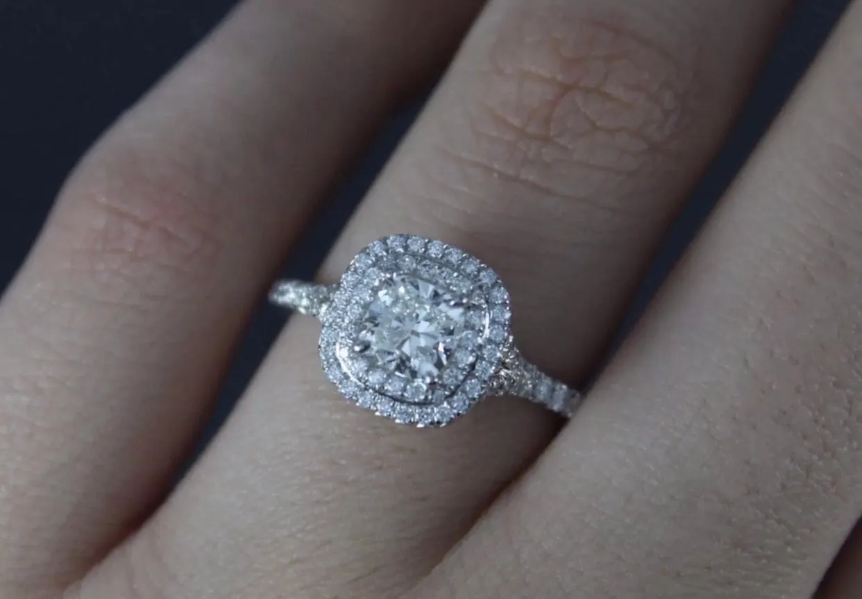 1.57 Ct  Split Shank Cushion Shaped Halo Diamond Engagement Ring VS2 14K WG