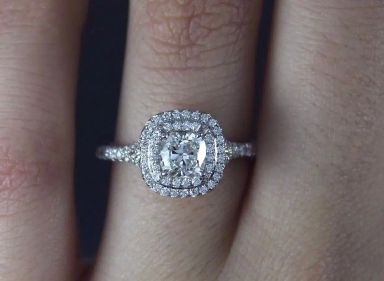 1.57 Ct  Split Shank Cushion Shaped Halo Diamond Engagement Ring VS2 14K WG
