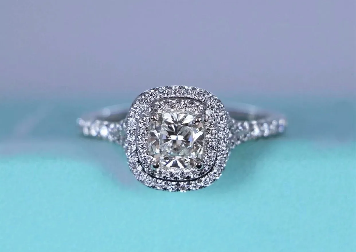 1.57 Ct  Split Shank Cushion Shaped Halo Diamond Engagement Ring VS2 14K WG