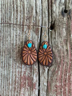 15808 Tooled Teardrop Daisy w/Turq Earrings