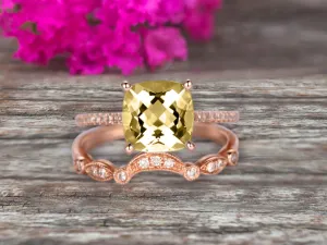 1.75 Carat 2Pcs Champagne Diamond Moissanite Wedding Ring Set Cushion Cut Champagne Diamond Moissanite Engagement Ring On 10k Rose Gold Curved Art Deco Matching Wedding Band Personalized for Brides