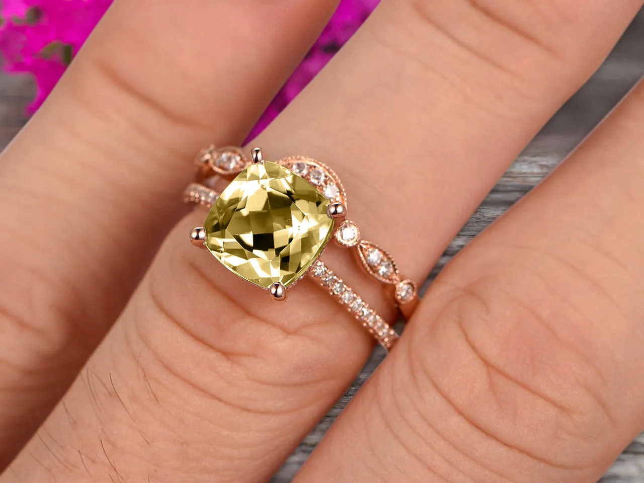 1.75 Carat 2Pcs Champagne Diamond Moissanite Wedding Ring Set Cushion Cut Champagne Diamond Moissanite Engagement Ring On 10k Rose Gold Curved Art Deco Matching Wedding Band Personalized for Brides