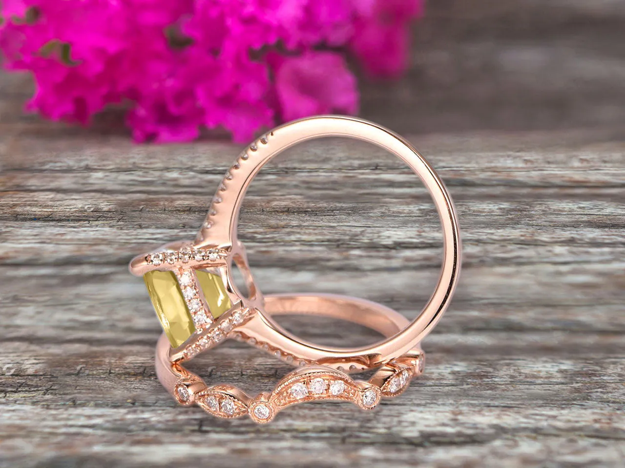 1.75 Carat 2Pcs Champagne Diamond Moissanite Wedding Ring Set Cushion Cut Champagne Diamond Moissanite Engagement Ring On 10k Rose Gold Curved Art Deco Matching Wedding Band Personalized for Brides