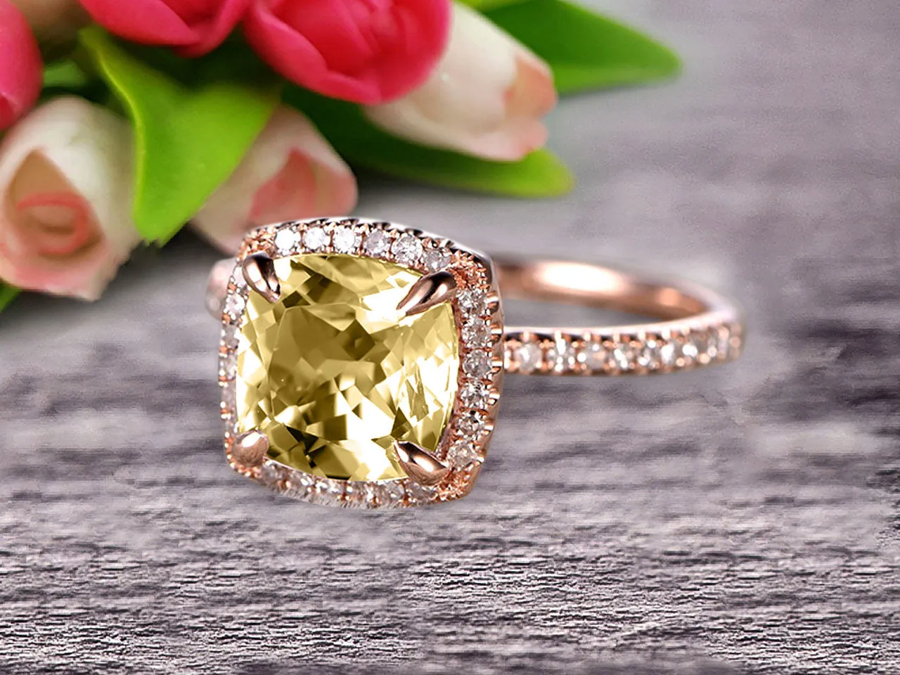 1.75 Carat Cushion Cut Champagne Diamond Moissanite Engagement Ring Wedding Ring Promise Ring 10k Rose Gold Claw Prong Stacking Band Anniversary Gift