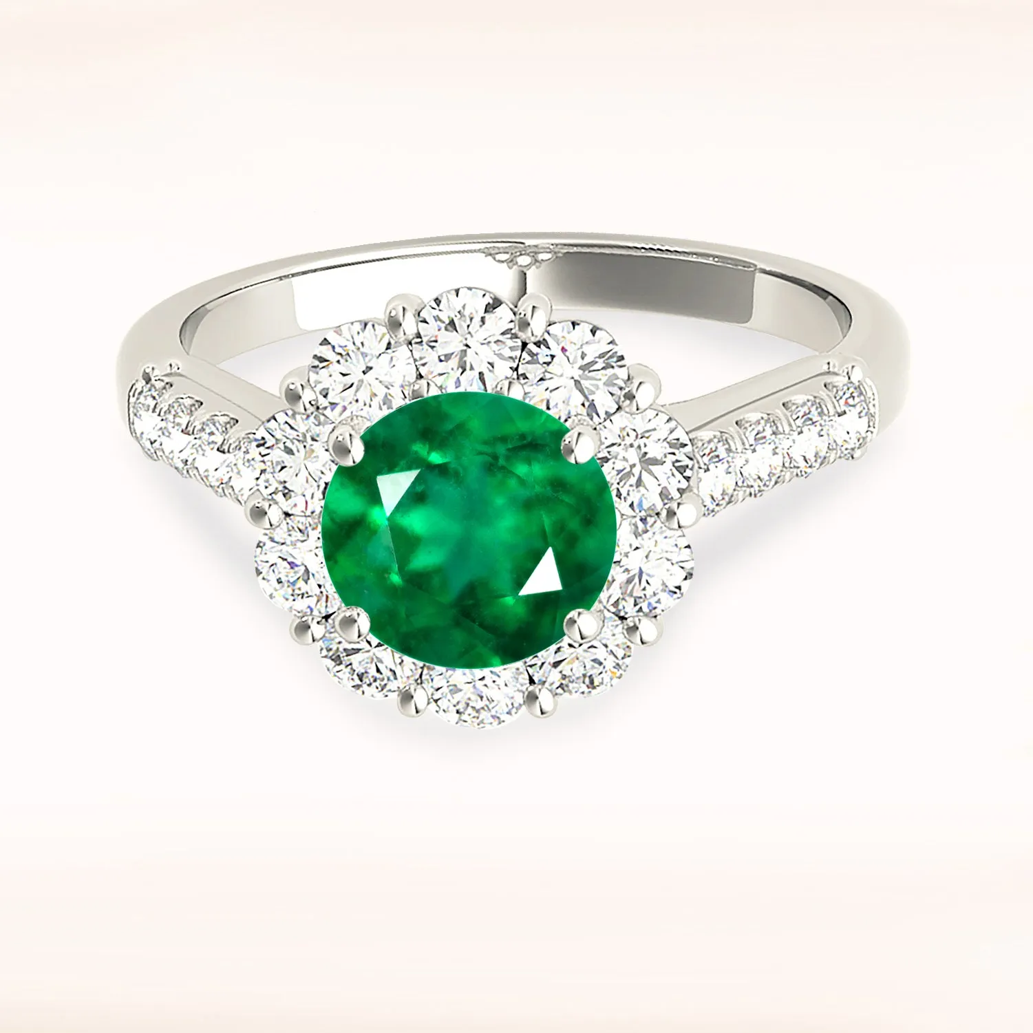 1.75 ct. Genuine Emerald Halo Ring With Side Diamonds