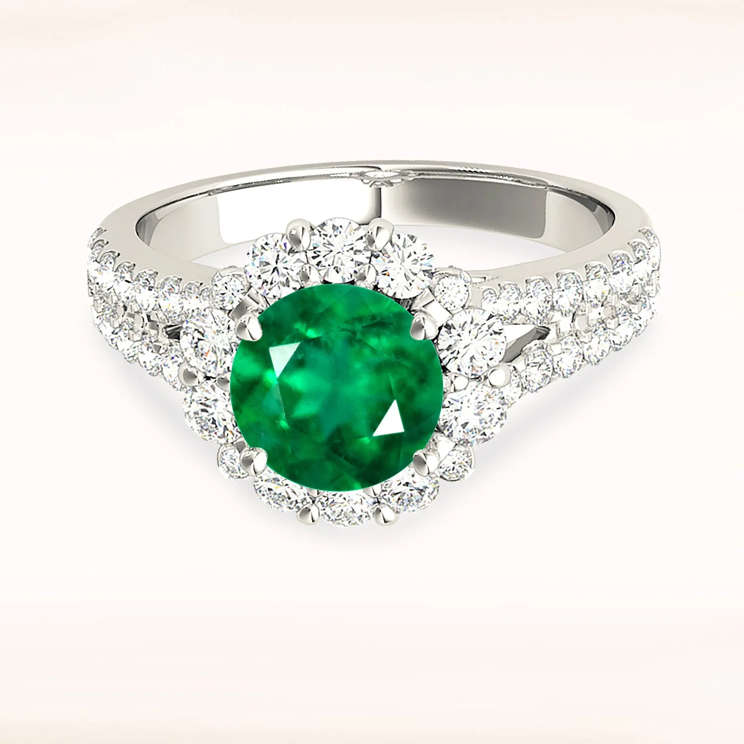 1.75 ct. Genuine Emerald Split Shank Halo Ring With Side Diamonds