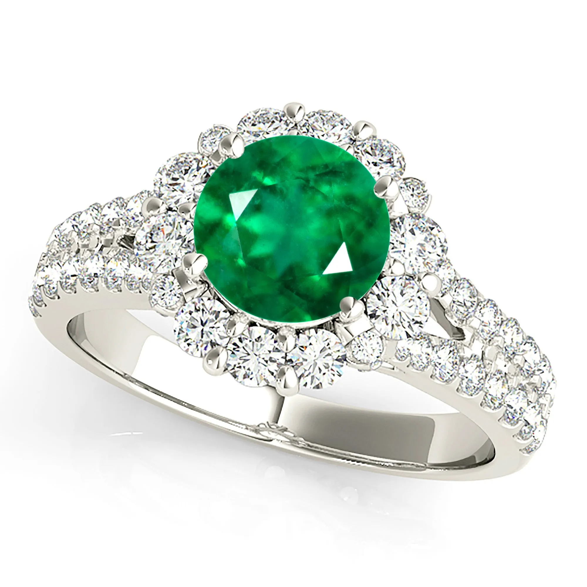 1.75 ct. Genuine Emerald Split Shank Halo Ring With Side Diamonds