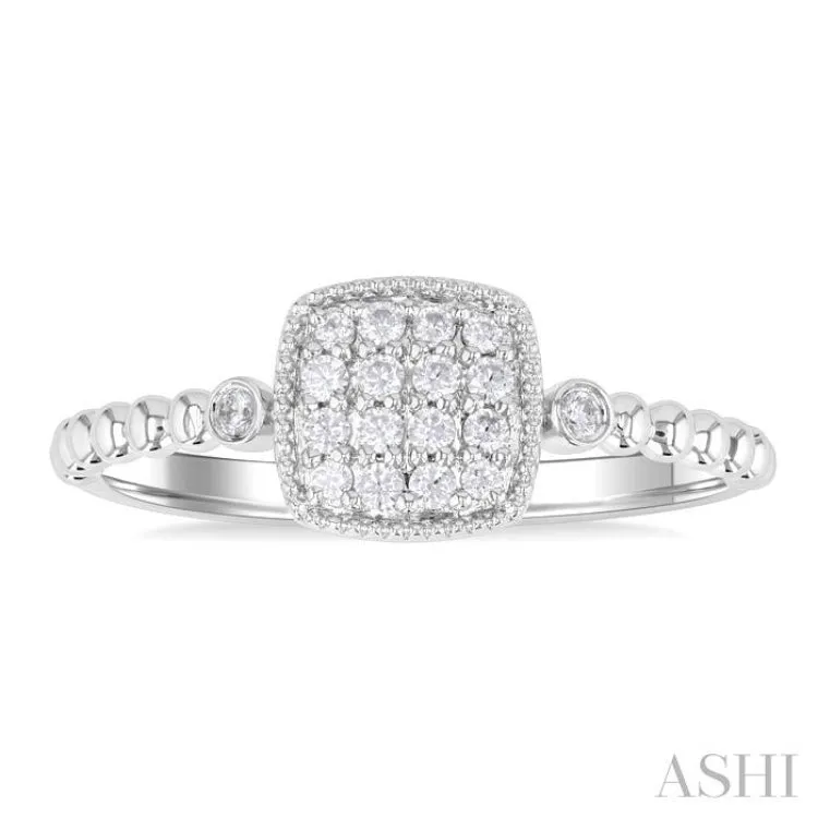 1/8 ctw Petite Bead Shank Cushion Shape Center Round Cut Diamond Fashion Ring in 10K White Gold