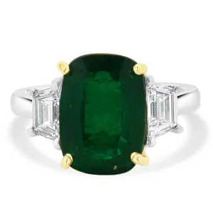 18 Karat White & Yellow Gold Emerald and Diamond Three Stone Ring